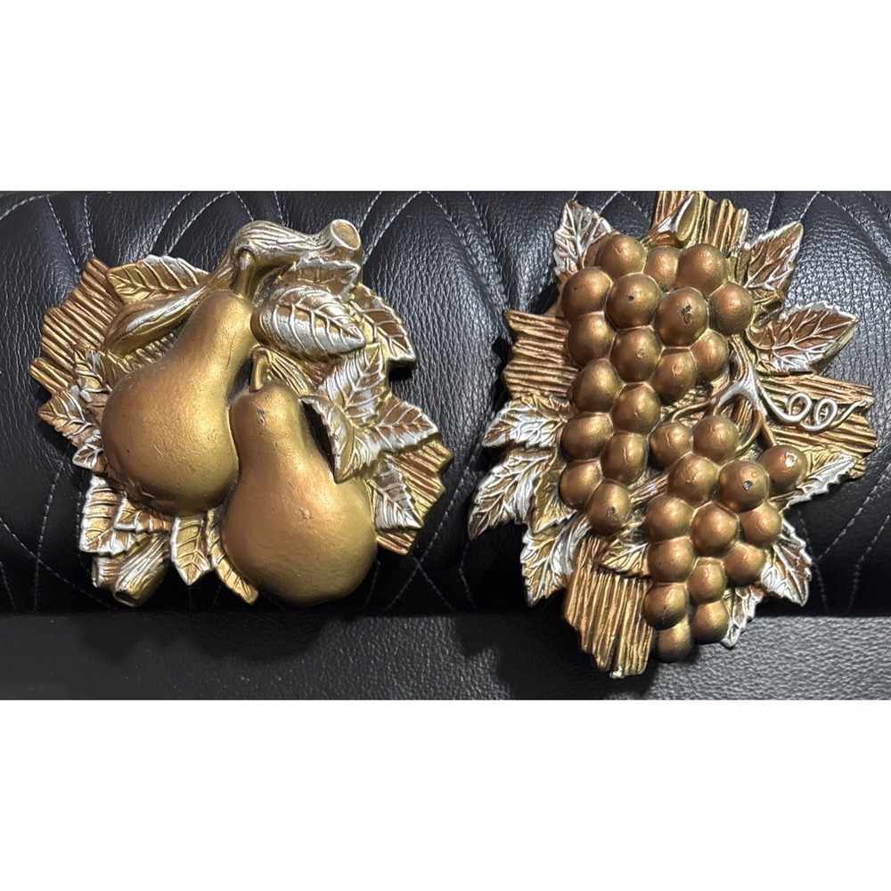 Vintage Miller Studio Chalkware Wall Plaques Set of 2 Pear & Grapes MCM Decor